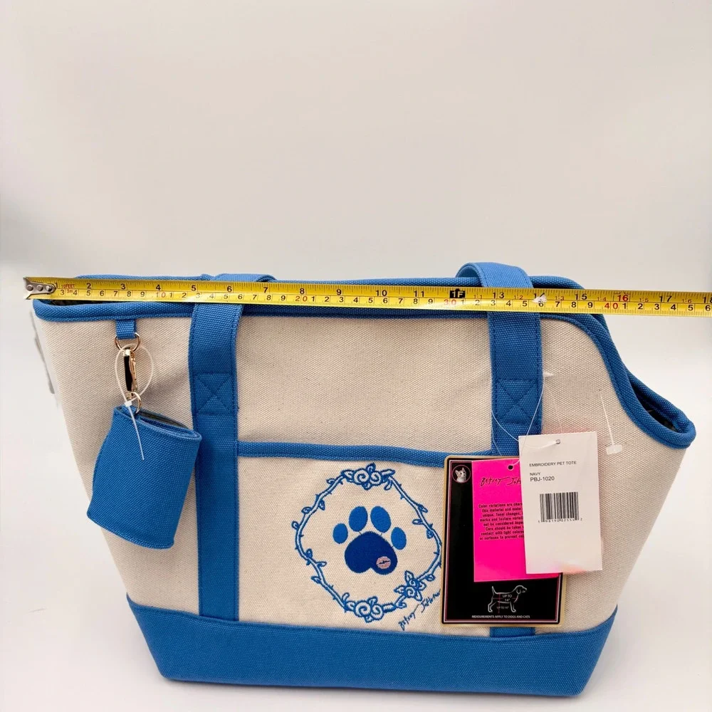 Betsey Johnson Navy Cream Canvas Embroidery Pet Carrier Tote Bag Dog Lover
